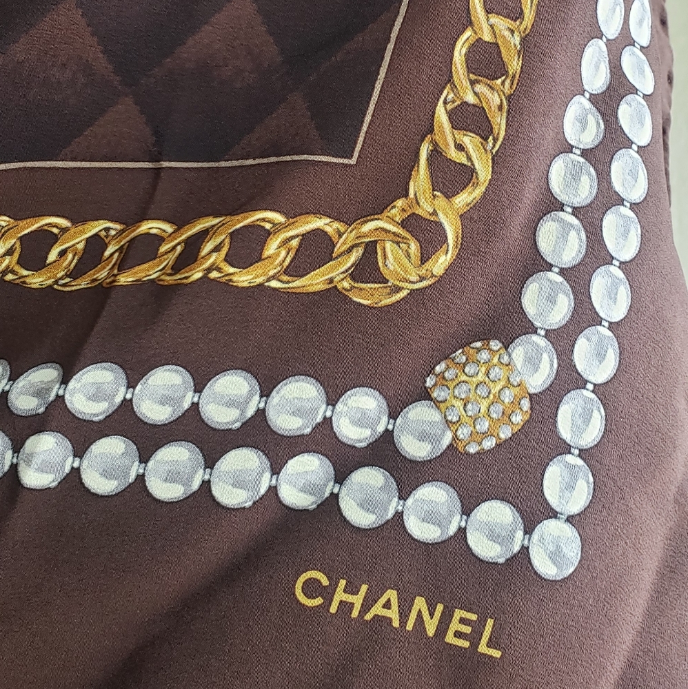 Chanel Brown & Gold Square Silk Scarf - Picture 3 of 9